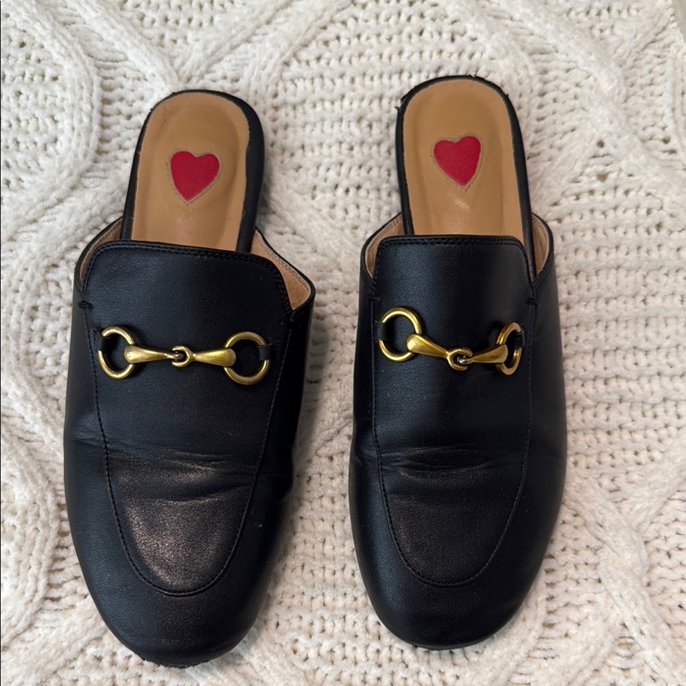 Black Leather Slip-On Loafers with Gold Detail